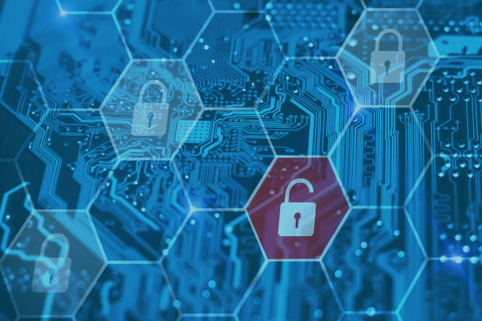 computer components with hexagons and a locks over a red hexagon in the center