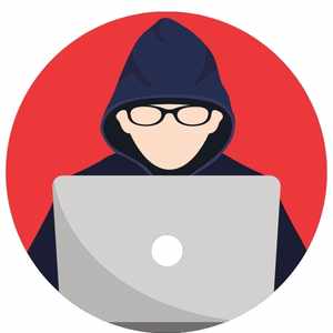 clipart of a person with a dark-colored hood and glasses on behind a laptop