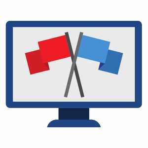 clip art of a computer with a red and blue flag on the computer screen