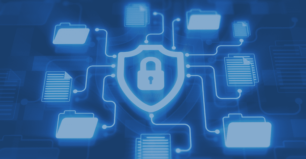 Blue background with a shield and lock signifying cybsecurity