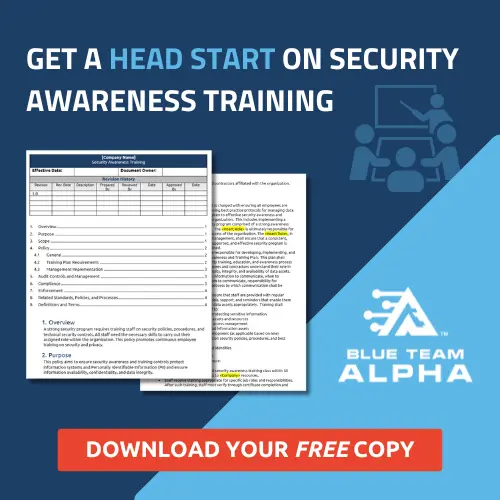 CTA promoting Blue Team Alpha's free Managed Security Awareness Training Policy Template resource.