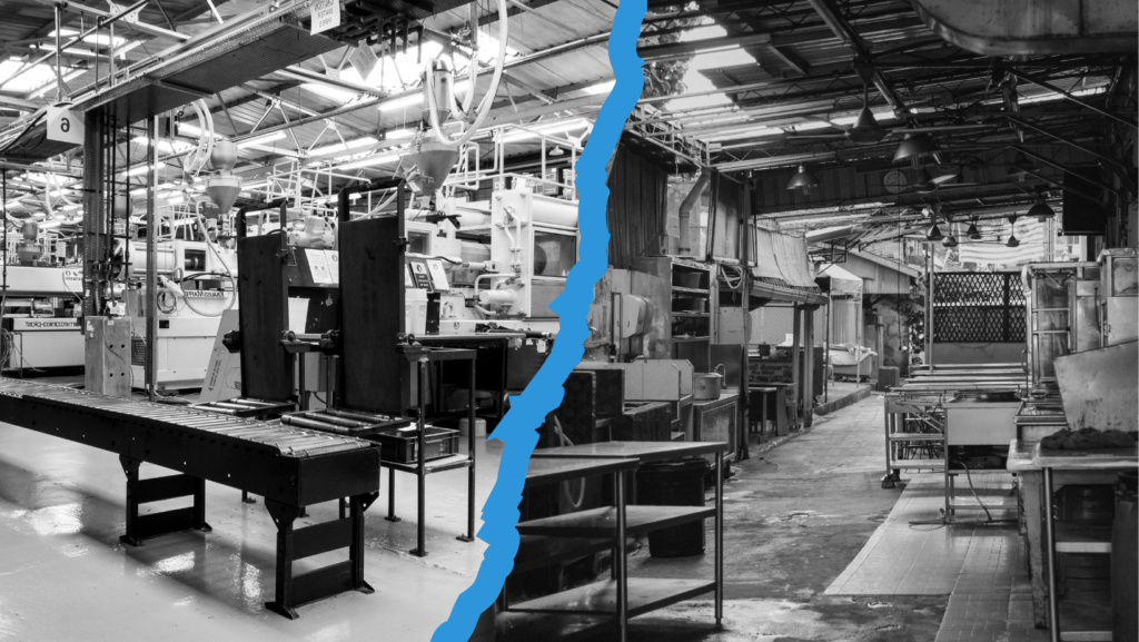 side by side image of two factories left image is neat and clean, right image is messy and chaotic