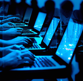 photo of people typing on computers, digital art in blue